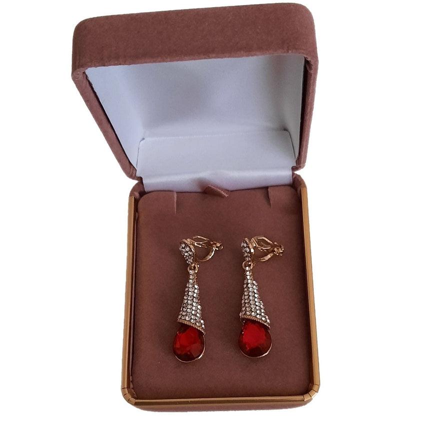 Gold And Red Crystal Drop Clip On Earrings