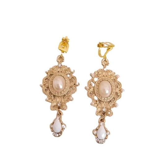 Gold Chandelier Pearl Drop Clip On Earrings