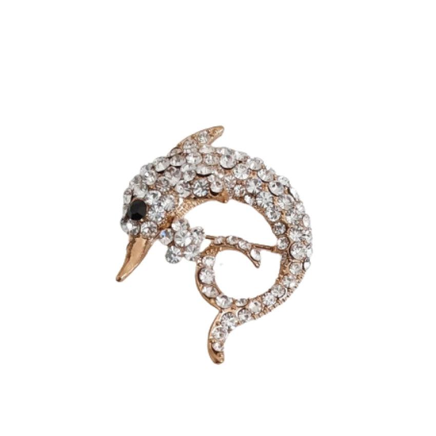 Gold Coloured Diamante Dolphin Brooch
