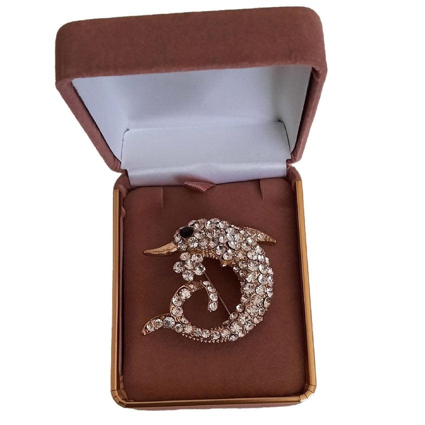 Gold Coloured Diamante Dolphin Brooch