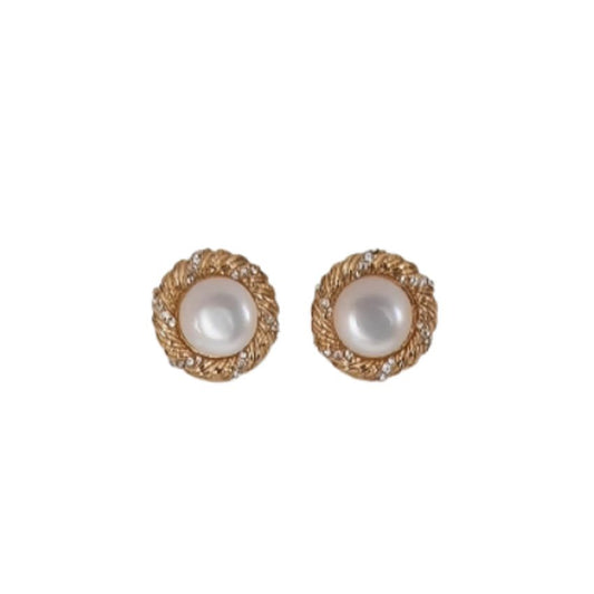 Gold Edge Round Pearl Clip On Earrings
