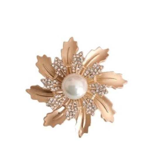 Gold Leaves Pearl And Crystal Flower Brooch