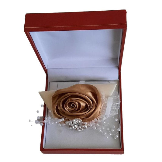 Gold Silk Rose With Ribbon And Lace Decoration Wrist Corsage