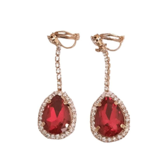 Gold Stem Red Stone With Diamante Clip On Earrings