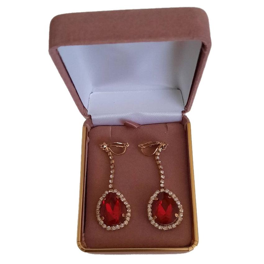 Gold Stem Red Stone With Diamante Clip On Earrings