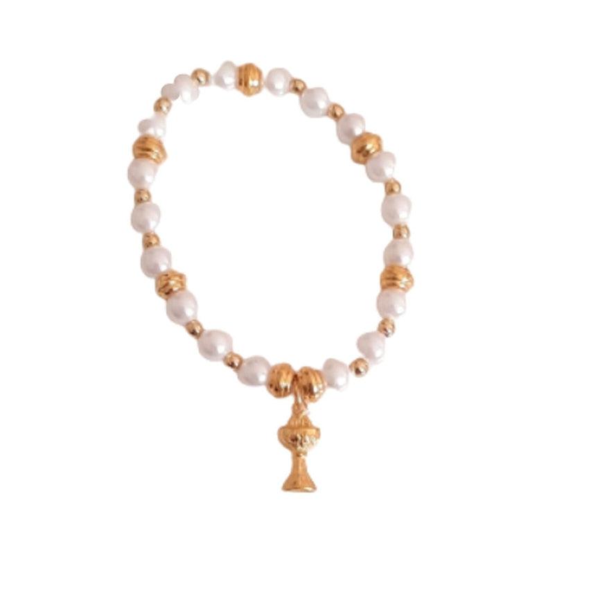 Gold Tone And Pearl Light Weight Girls Communion Chalice Charm Bracelet