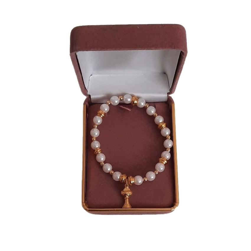 Gold Tone And Pearl Light Weight Girls Communion Chalice Charm Bracelet