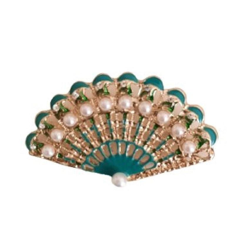 Green And Gold Open Fan Ladies Brooch