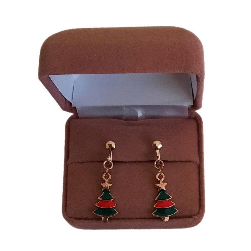 Green And Red Christmas Tree Clip On Earrings