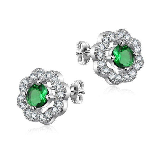 Green Cubic Zirconia Flower Design Stud Earrings