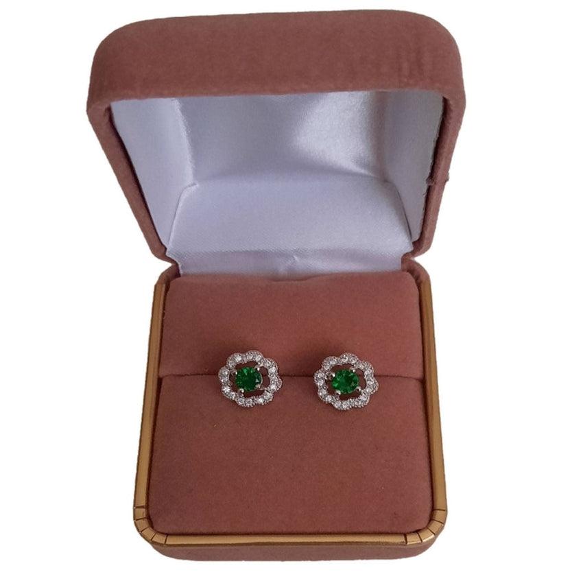 Green Cubic Zirconia Flower Design Stud Earrings