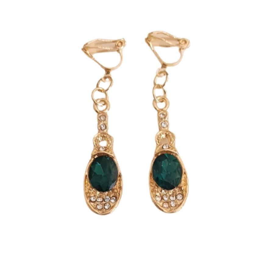 Green Diamante Stone Clip On Earrings