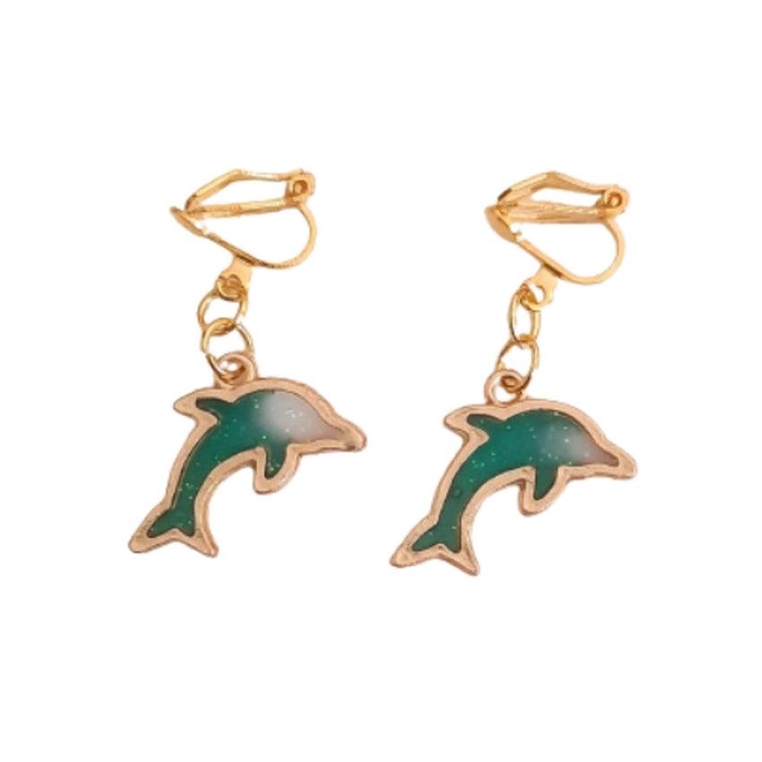 Green Dolphin Clip On Earrings