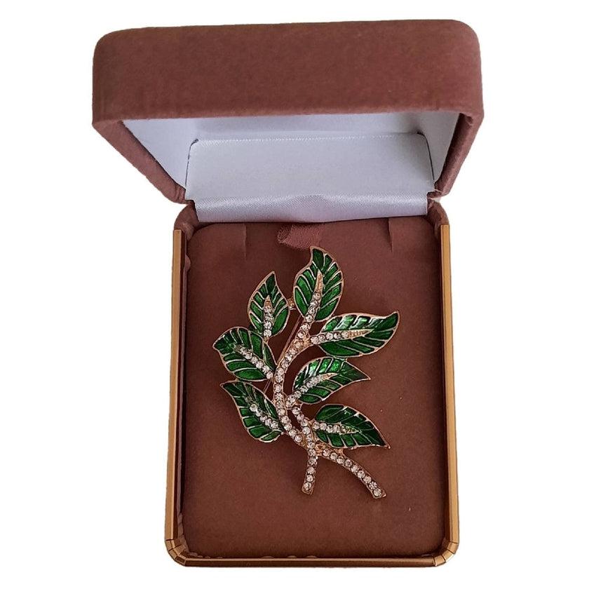 Green Enamel Leaves With Crystal Stems Plant Brooch