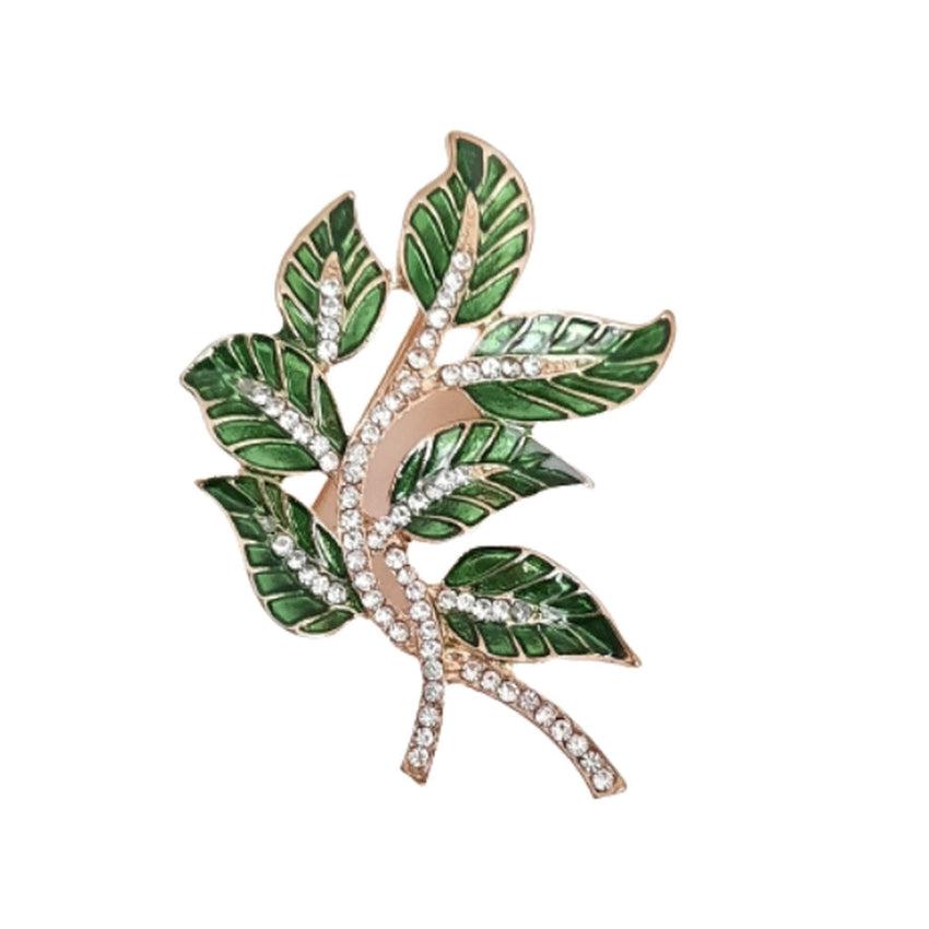 Green Enamel Leaves With Crystal Stems Plant Brooch