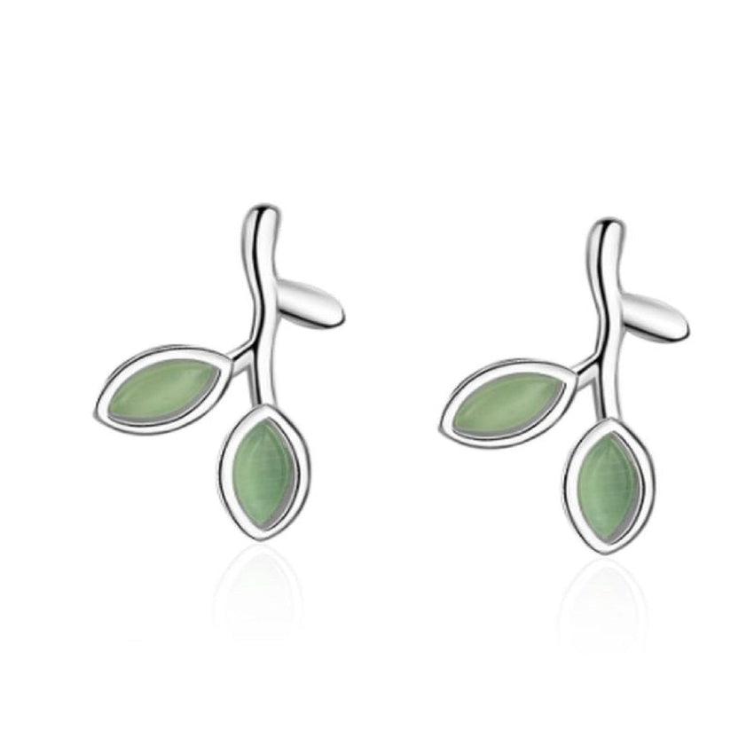 Green Enamel Two Leaf Silver Stud Earrings