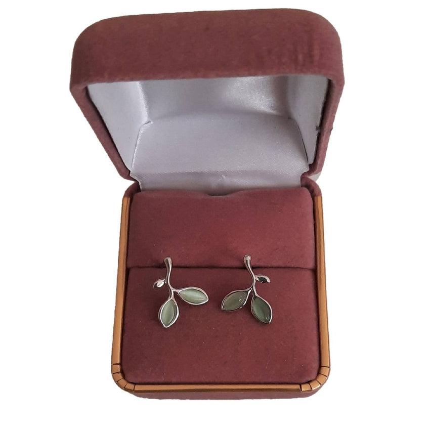 Green Enamel Two Leaf Silver Stud Earrings