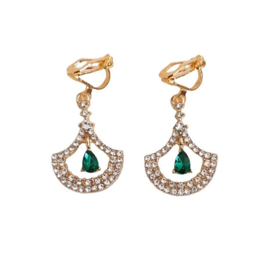 Green Fancy Shape Dangly Clip On Earrings