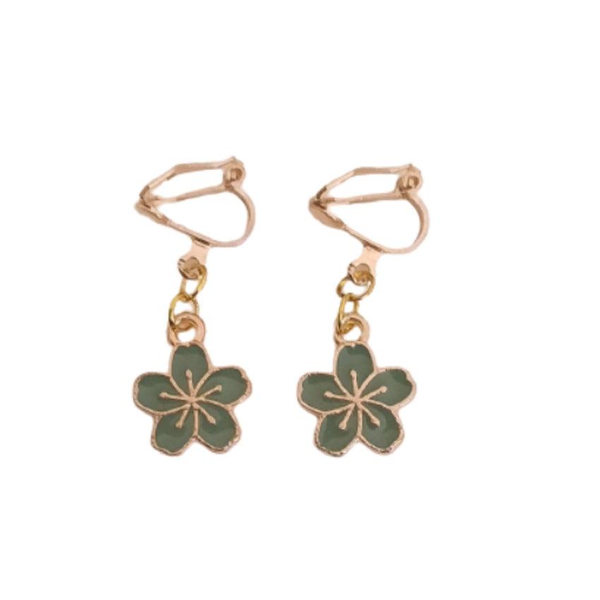 Green Flower Clip On Earrings
