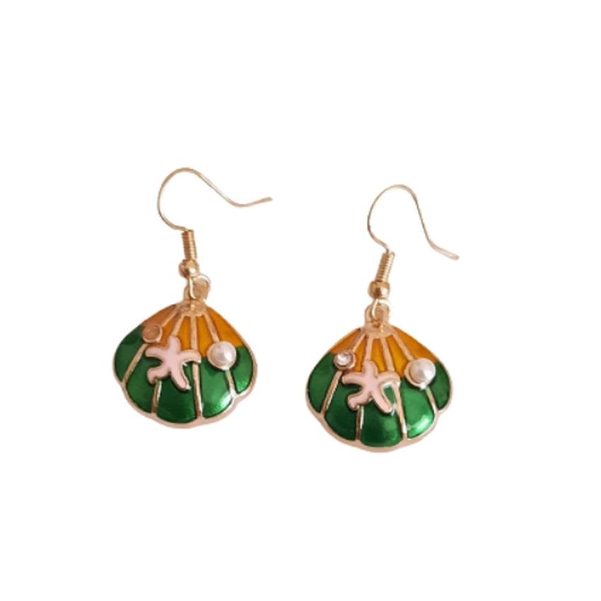 Green Seashell Hook Drop Earrings