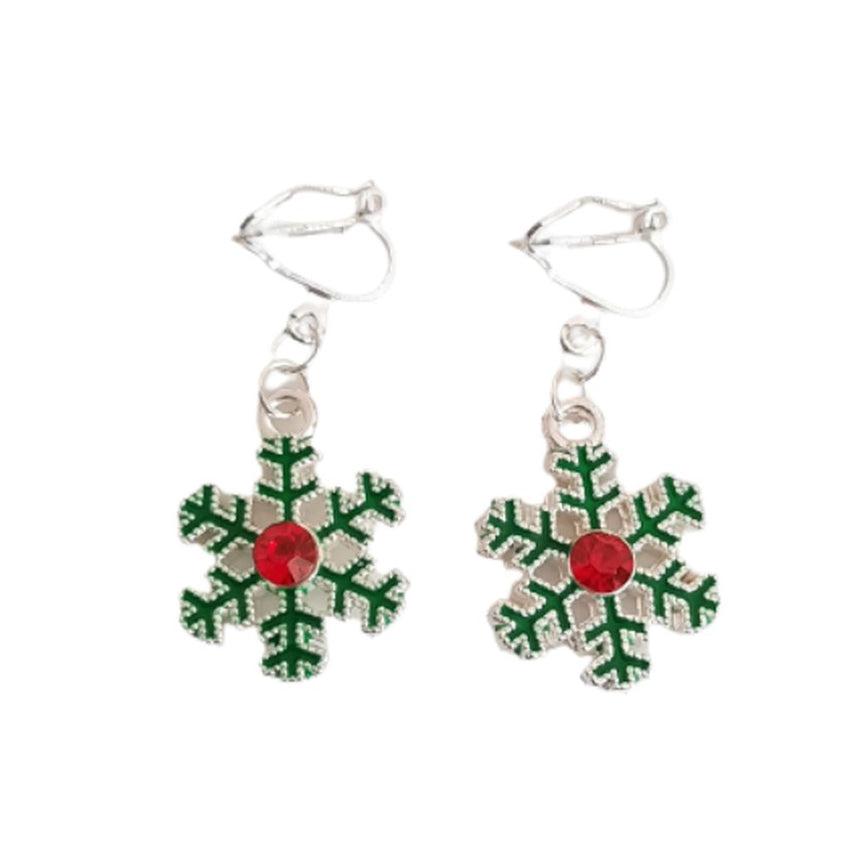 Green Snowflake Clip On Earrings