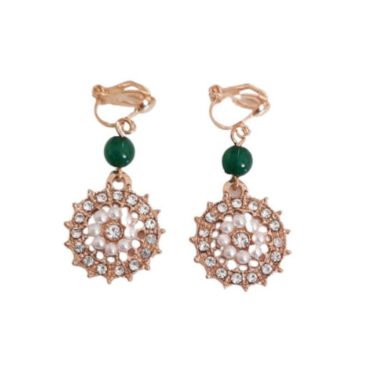 Green Wheel Crystal Drop Clip On Earrings