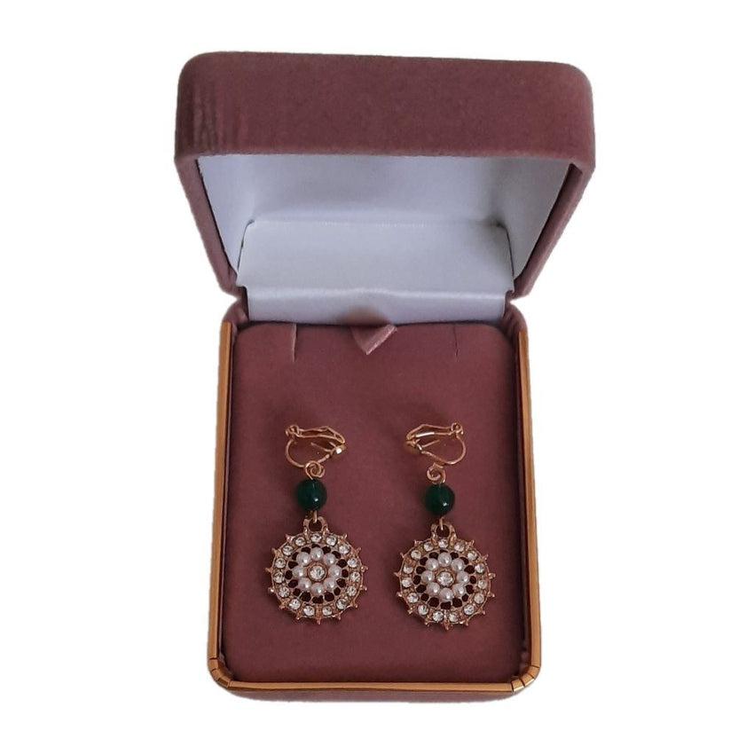 Green Wheel Crystal Drop Clip On Earrings