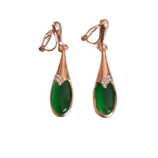 Green Stone Drop Clip On Earrings