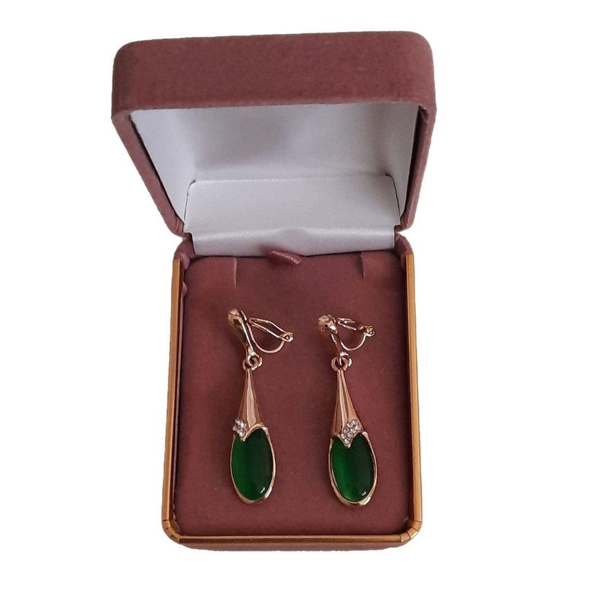Green Stone Drop Clip On Earrings