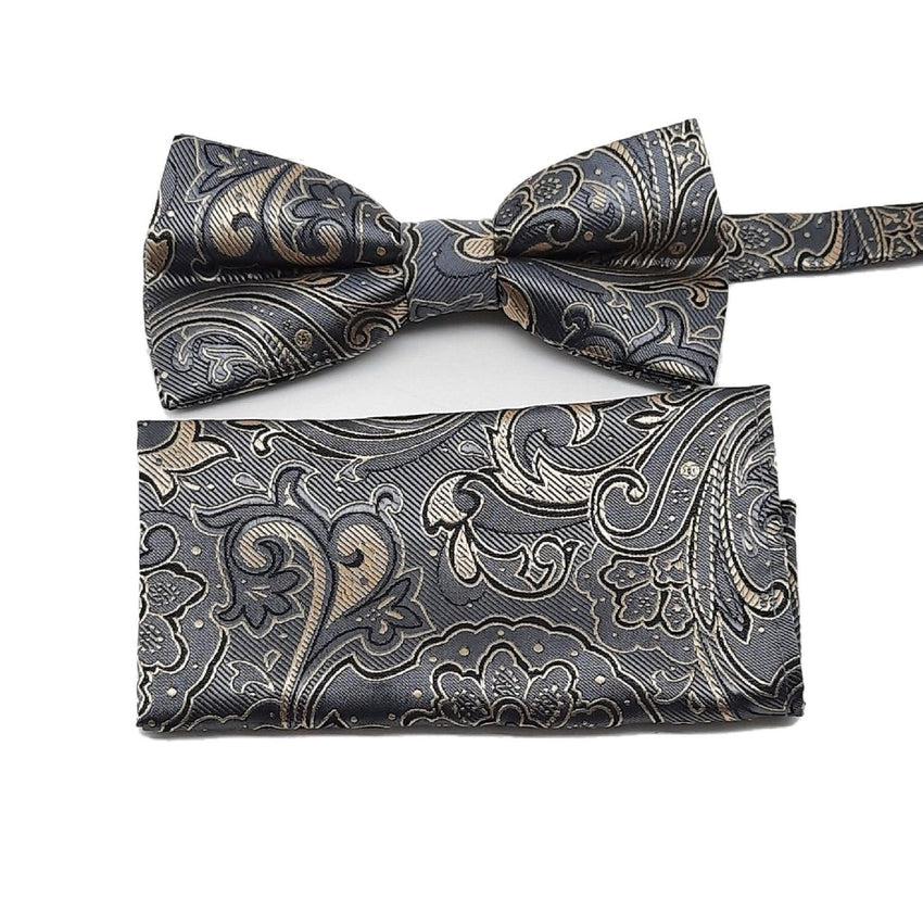 Grey And Gold Paisley Pattern Bow Tie Set