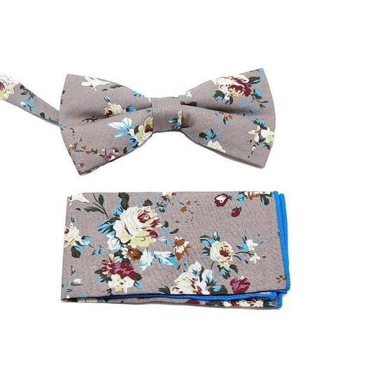 Grey Background With A flower Pattern Matching Bow Tie Set