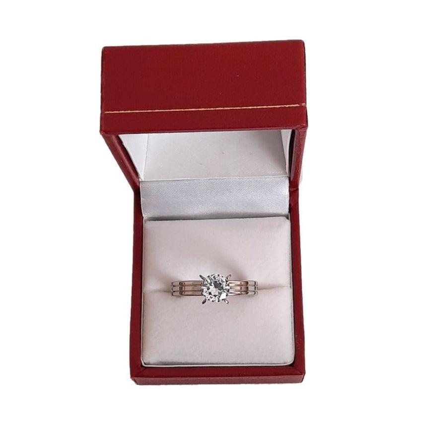 Grooved Stainless Steel Solitaire Ring With a Solitaire Stone