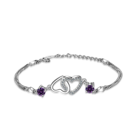 Heart Centre With Purple CZ Stones Silver Bracelet