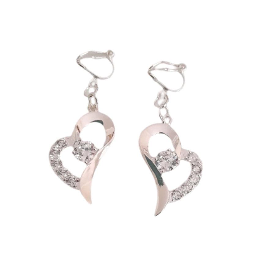 Heart Diamante And Silver Clip On Earrings