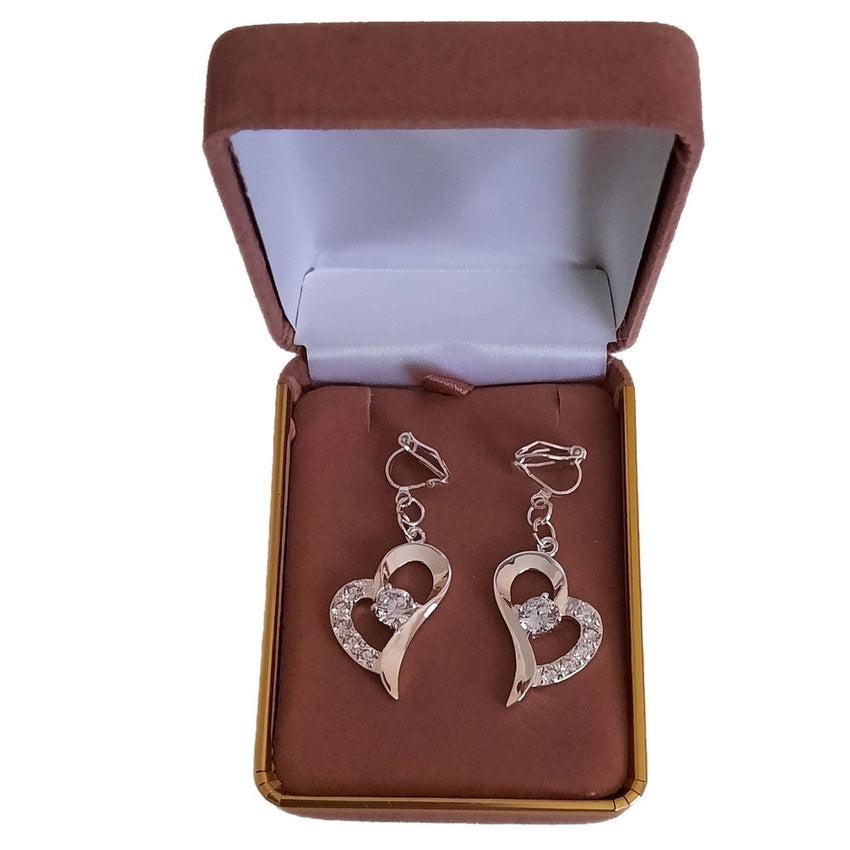 Heart Diamante And Silver Clip On Earrings