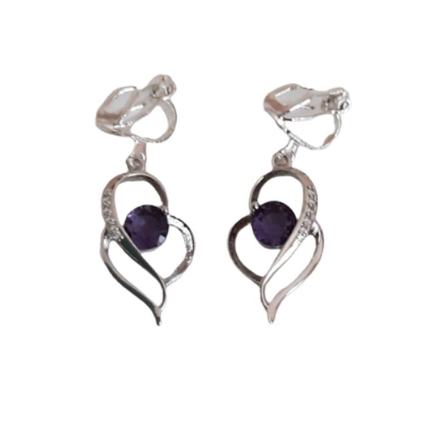 Heart Purple Cubic Zirconia Clip On Earrings