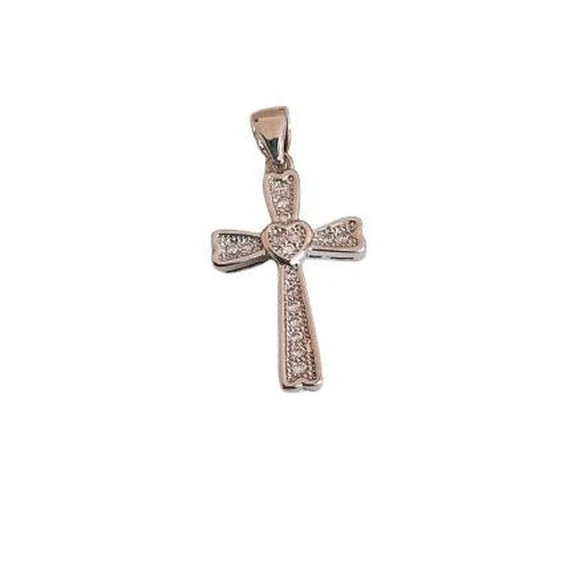 Heart Design Centre Elegant Sterling Silver And Cubic Zirconia Cross Necklace