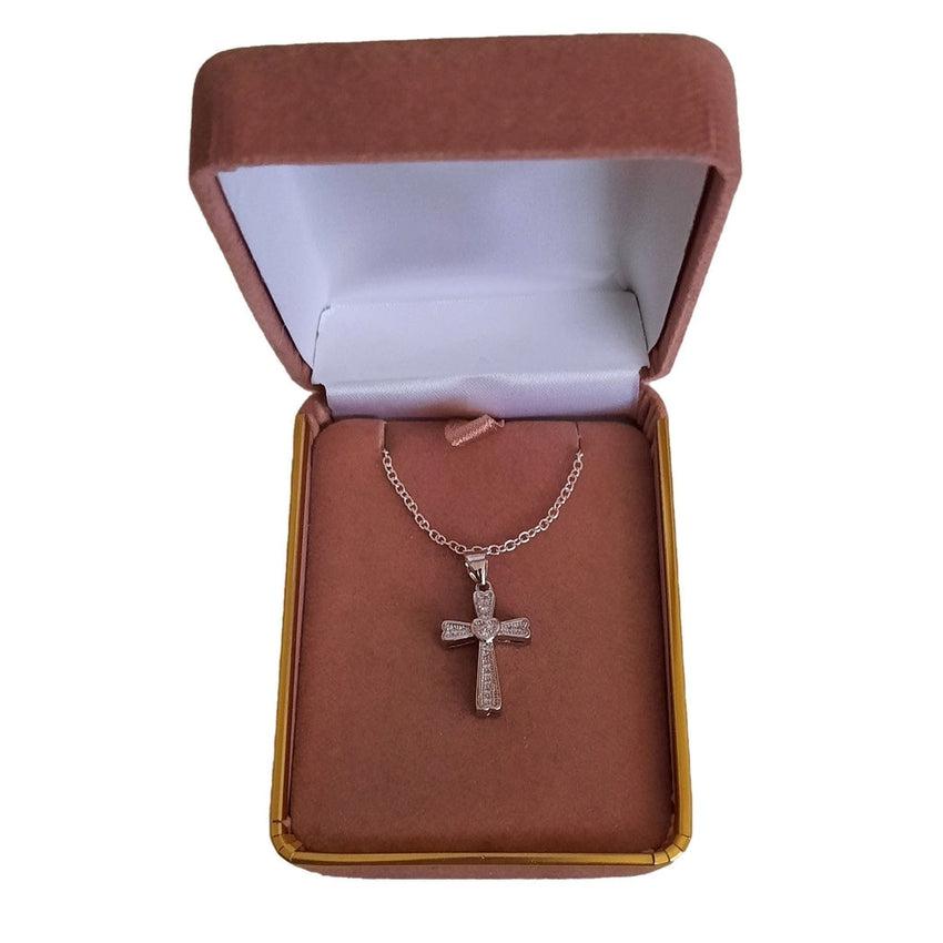 Heart Design Centre Elegant Sterling Silver And Cubic Zirconia Cross Necklace