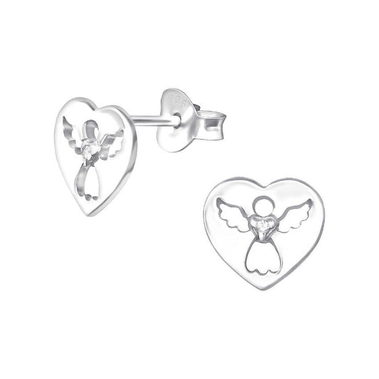 Heart Shaped Cubic Zirconia Centre Sterling Silver Angel Earrings