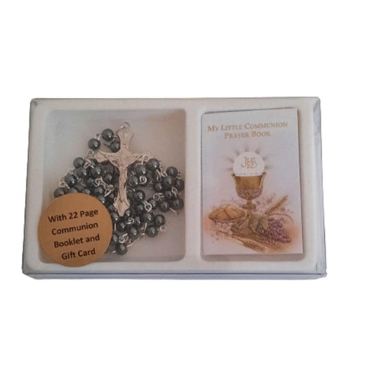 Hematite Rosary Beads And MINI Prayer Book First Holy Communion Gift Set
