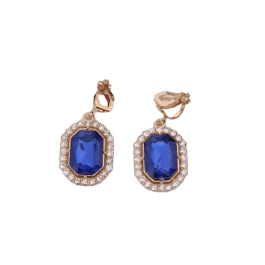 Hexagonal Royal Blue Crystal Clip On Earrings