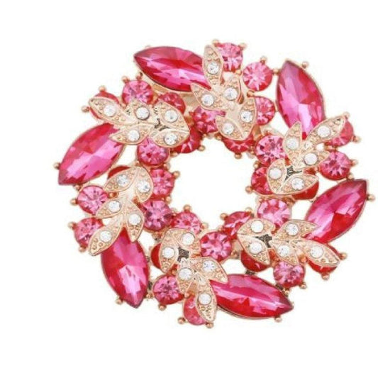 Hot Pink Brooch With Gold Diamante Leaves