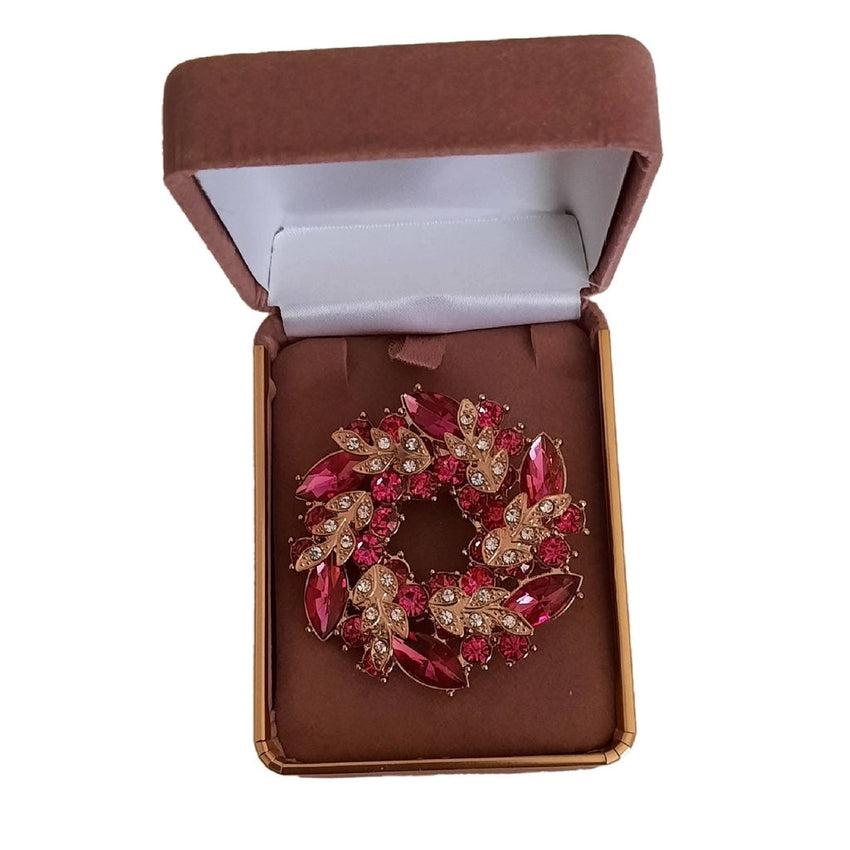 Hot Pink Brooch With Gold Diamante Leaves