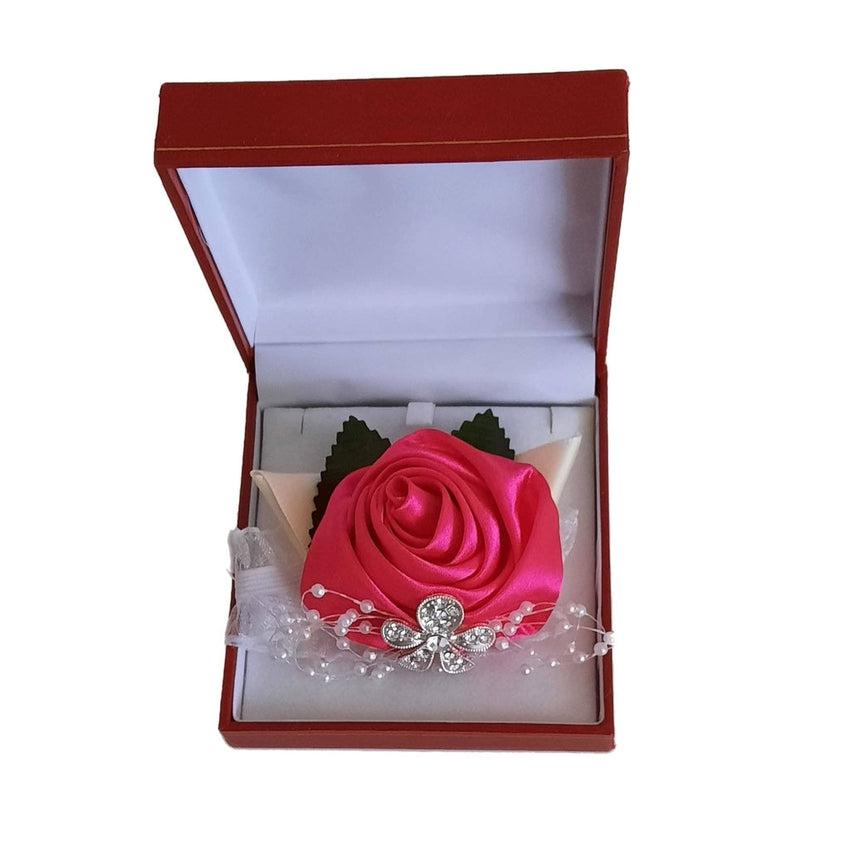 Hot Pink Silk Rose With Ribbon And Lace Decoration Wrist Corsage