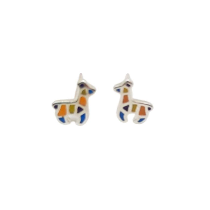 Kids Blue And Yellow Enamel Silver Giraffe Earrings