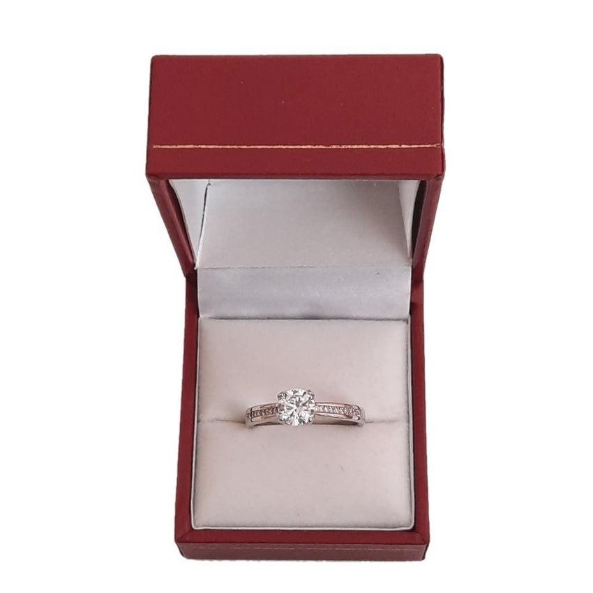 Ladies Solitaire Silver Ring With Deep Set Cubic Zirconia Shoulders