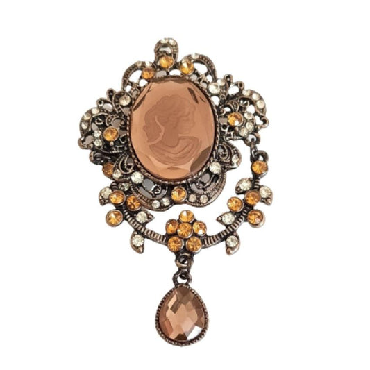 Large Brown And Orange Cameo Brooch