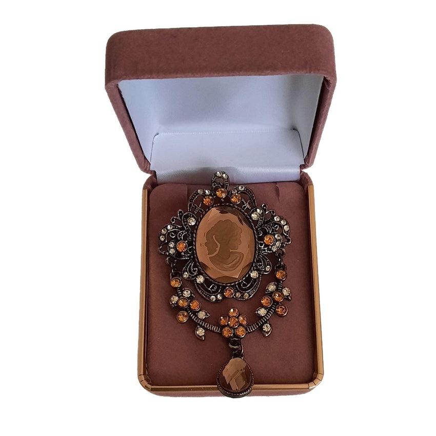 Large Brown And Orange Cameo Brooch