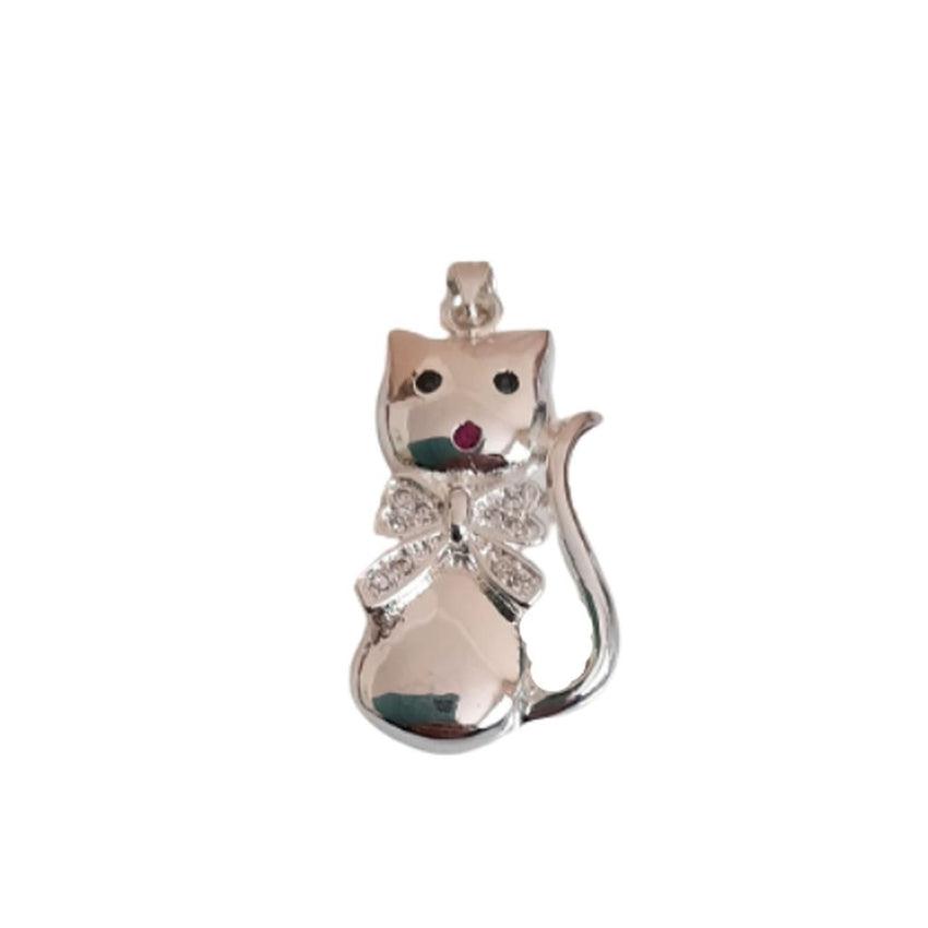 Large Silver Cat Necklace With a Cubic Zirconia Bow