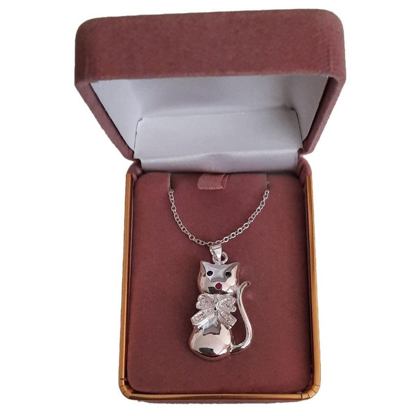 Large Silver Cat Necklace With a Cubic Zirconia Bow